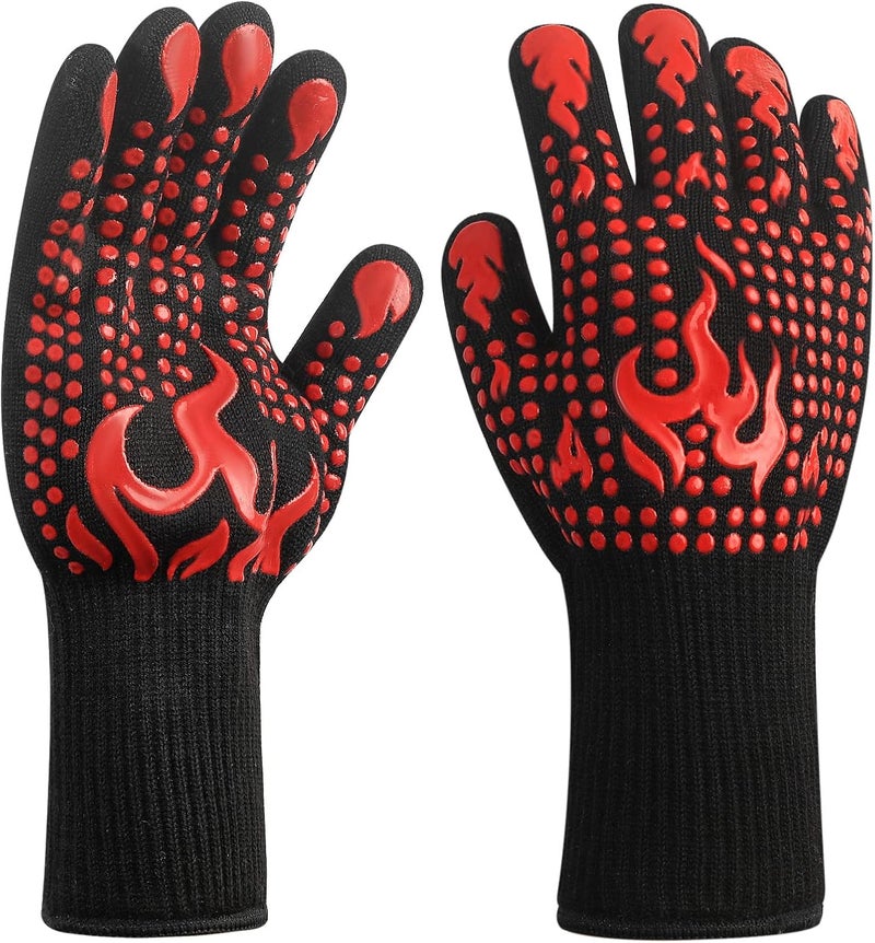 HexinYigjly 1 Pair/2 Pieces BBQ Gloves, Grilling Gloves, Heat Resistant Barbecue Oven Gloves, 1472°F/800°C Kitchen Fireproof Mitts Heat Proof for Grilling, Baking, Cooking, Welding Gloves Mitts - Red - Image 1
